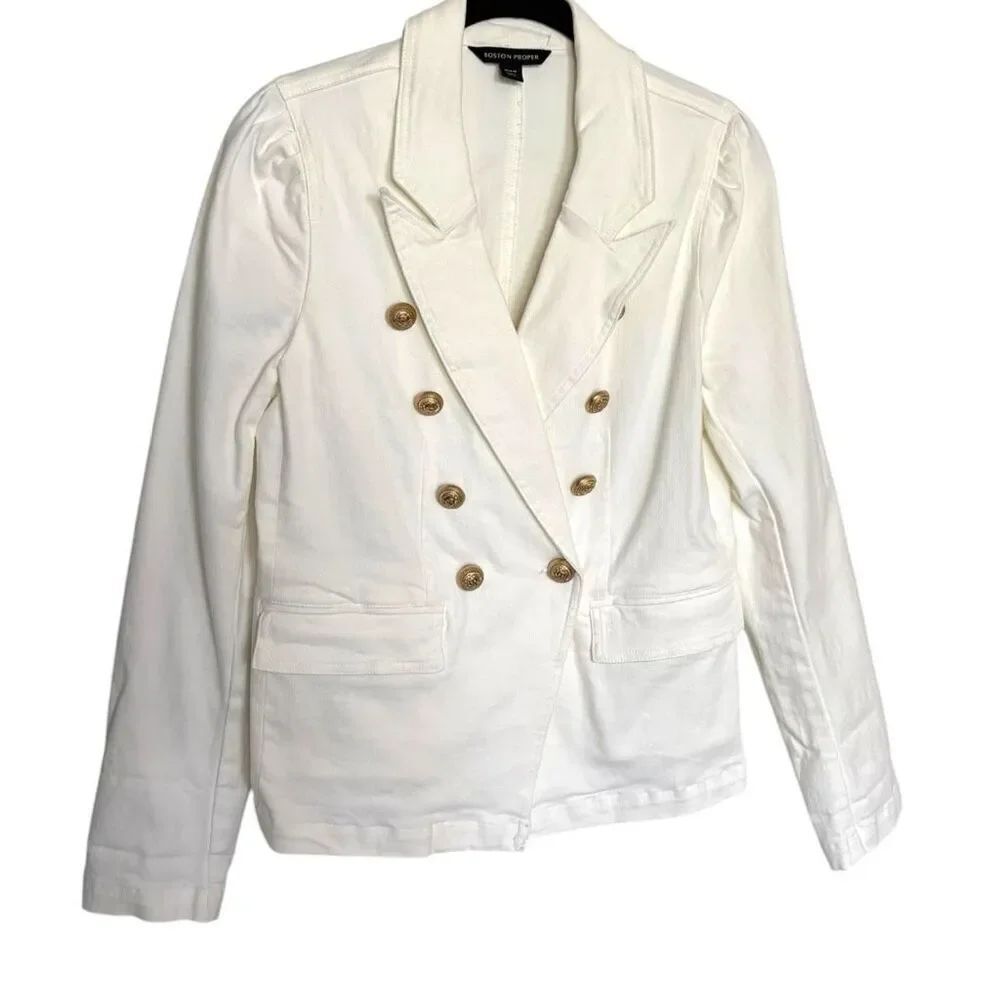 Boston Proper White Double Breasted Blazer Size Medium Gold Buttons Stretch